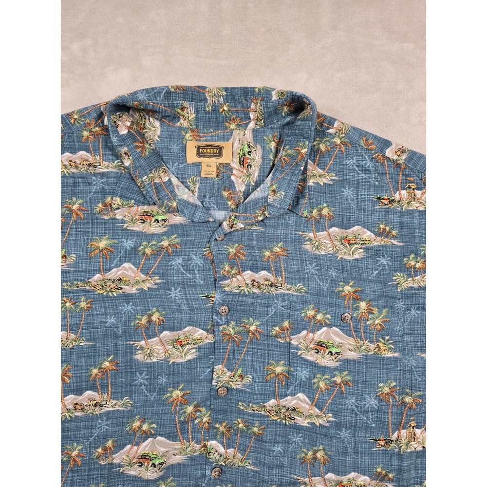 The Foundry Hawaiian Shirt Mens 4XL Blue Tropical Palm Tree Rayon Short Sleeve